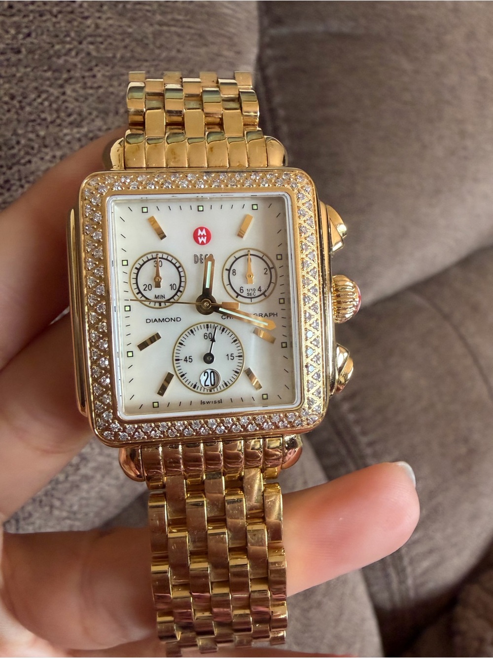 MICHELE Deco Diamond Chronograph Gold-Tone Watch Full Bracelet Box